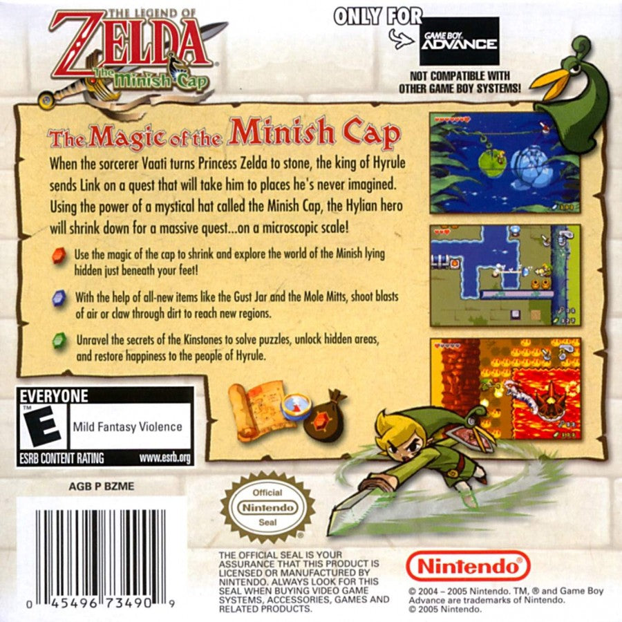 The Legend of Zelda The Minish Cap Game Boy Advance back of case for retro video game featuring action adventure gameplay, top down exploration, magical shrinking mechanic, puzzle solving dungeons, fantasy world Hyrule quests, and classic portable Zelda adventure on GBA system
