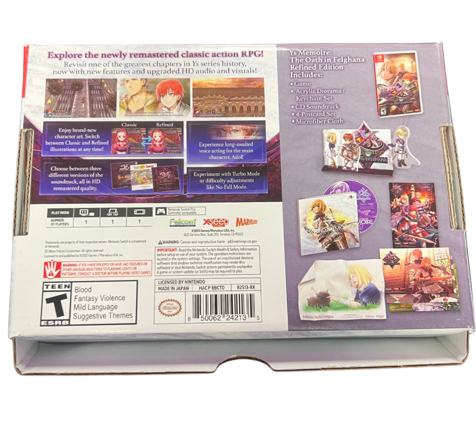 Ys Memoire The Oath in Felghana Refined Edition Nintendo Switch NS for action role playing video game fans featuring fast paced combat fantasy adventure exploration challenging boss battles character progression magical abilities enhanced refined edition content classic Falcom JRPG gameplay collectible gaming appeal back cover art