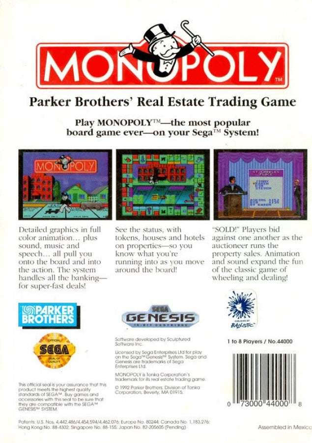 Monopoly back cover art for Sega Genesis (GEN) video game