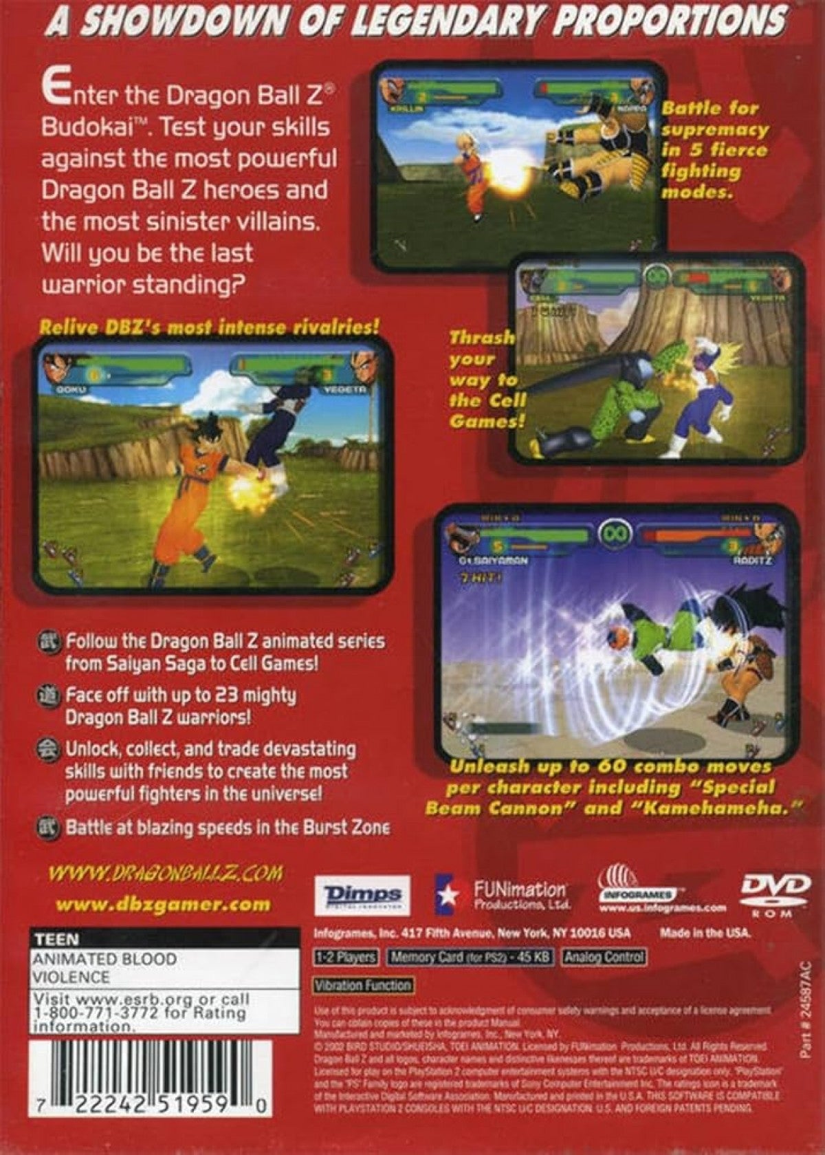 Dragon Ball Z Budokai PlayStation 2 PS2 video game, fighting action, anime-based combat, multiplayer battles, classic Dragon Ball Z title back cover