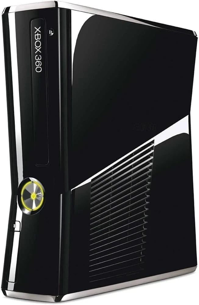 Xbox 360 Slim Console System Glossy Black 250GB Scratch and Scuff Condition Microsoft Xbox 360 gaming console system featuring sleek glossy black design 250GB storage Xbox 360 gaming hardware home entertainment system retro video game console collectible gaming setup and console collection appeal