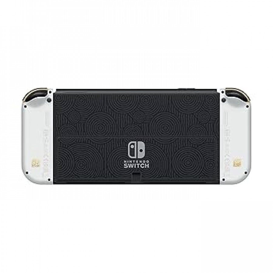 The Legend of Zelda Tears of the Kingdom Nintendo Switch OLED featuring themed gold and green design with vibrant display back of console
