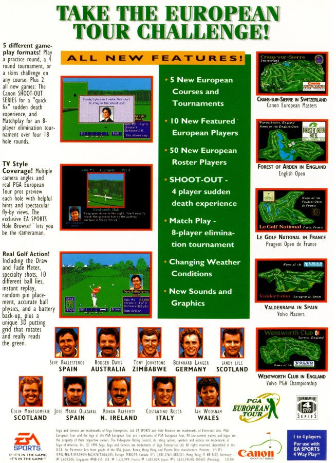 PGA European Tour back cover art for Sega Genesis (GEN) video game