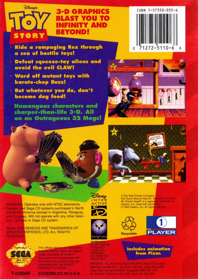 Disney Pixar Toy Story back cover art for Sega Genesis (GEN) video game