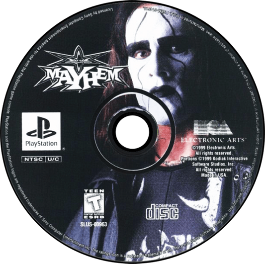 WCW Mayhem game for the PlayStation featuring professional wrestling gameplay with a roster of WCW superstars career and exhibition modes signature moves and arcade style matches based on late 90s wrestling entertainment disc