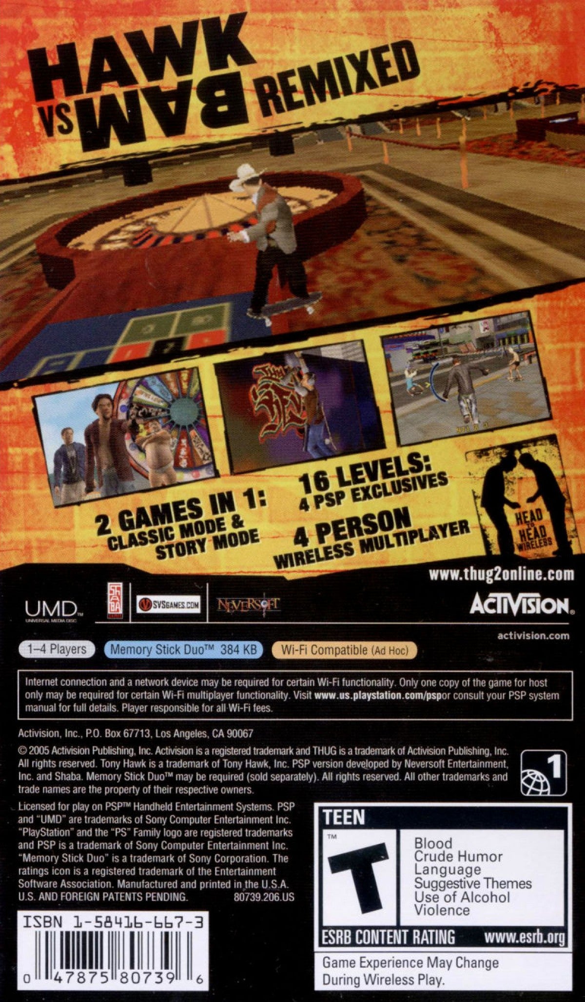 Tony Hawk’s Underground 2 Remix PSP game featuring fast-paced skateboarding action, classic trick-based gameplay, and portable versions of fan-favorite levels back cover art