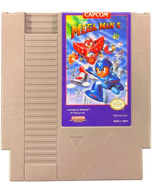Mega Man 5 NES Nintendo Entertainment System action platformer side scrolling shooter run and gun robot masters boss battles Capcom classic retro 8 bit gaming cartridge video game title cartridge