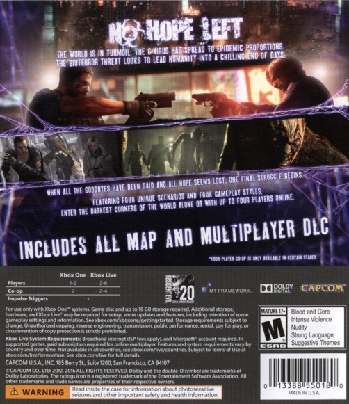 Resident Evil 6 Xbox One XONE for survival horror action video game fans featuring third person combat multiple campaigns Leon Kennedy Chris Redfield and Jake Muller intense gunfights zombie and bio-organic enemies cooperative multiplayer cinematic storytelling global outbreak missions and immersive horror adventure collectible gaming appeal back cover art