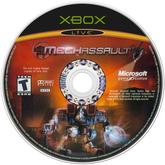 MechAssault for Xbox (XBOX) at Gamers INC, featuring the explosive third-person vehicular combat hit that puts you in the cockpit of a towering BattleMech to rain destruction across fully destructible environments; as a pilot of the legendary Wolf's Dragoons, utilize a devastating arsenal of lasers, missiles, and autocannons to topple buildings and crush the Word of Blake in this groundbreaking title that served as a premier showcase for the power of Xbox and early Xbox Live online warfare disc