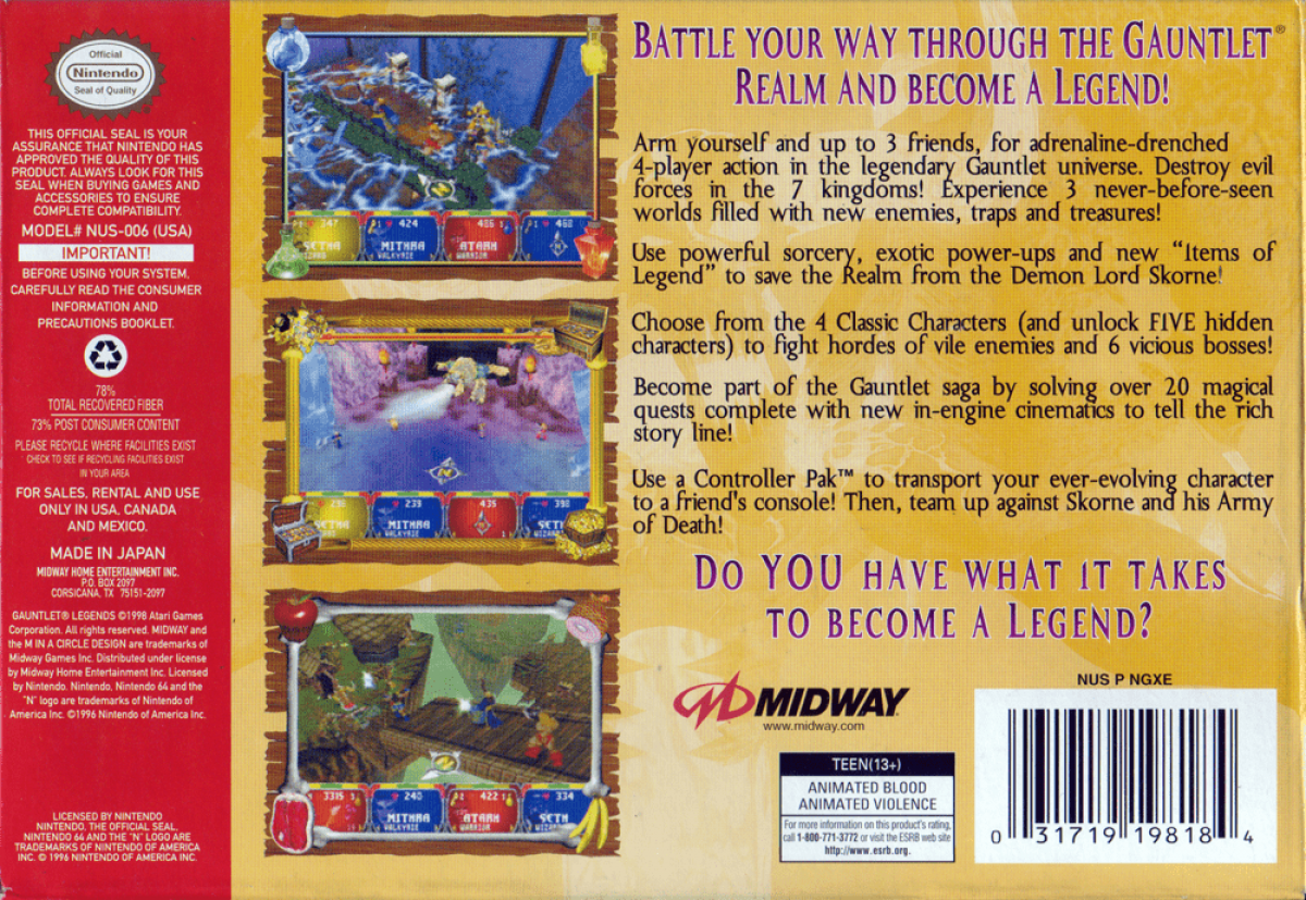 Gauntlet Legends – Nintendo 64 (N64) Back Cover Art Box for Nintendo 64 game