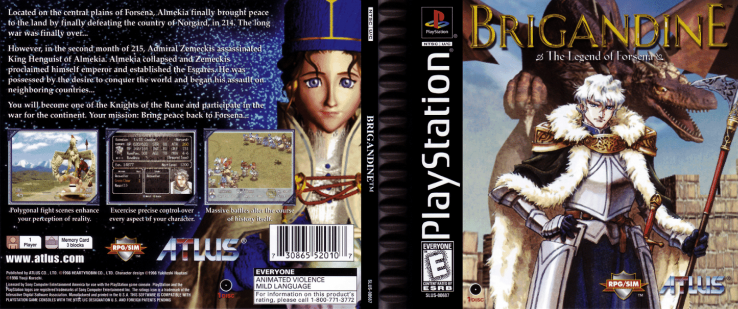 Brigandine The Legend of Forsena back of box for PlayStation 1 (PS) video game