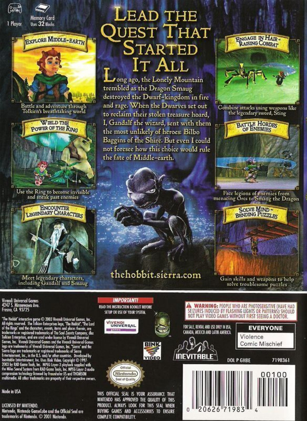 Back cover art The Hobbit GameCube GC video game, action adventure, fantasy RPG, Middle-earth story, movie tie-in, Nintendo GameCube title