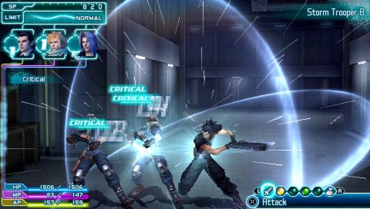 Final Fantasy VII: Crisis Core gameplay for PlayStation Portable (PSP) action RPG video game