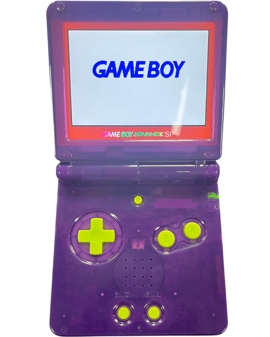 Retro GBA SP custom shell IPS mod inspired design featuring upgraded Nintendo handheld gaming console aesthetic vibrant custom housing backlit IPS display rechargeable clamshell portable system nostalgic retro gaming hardware presentation open on