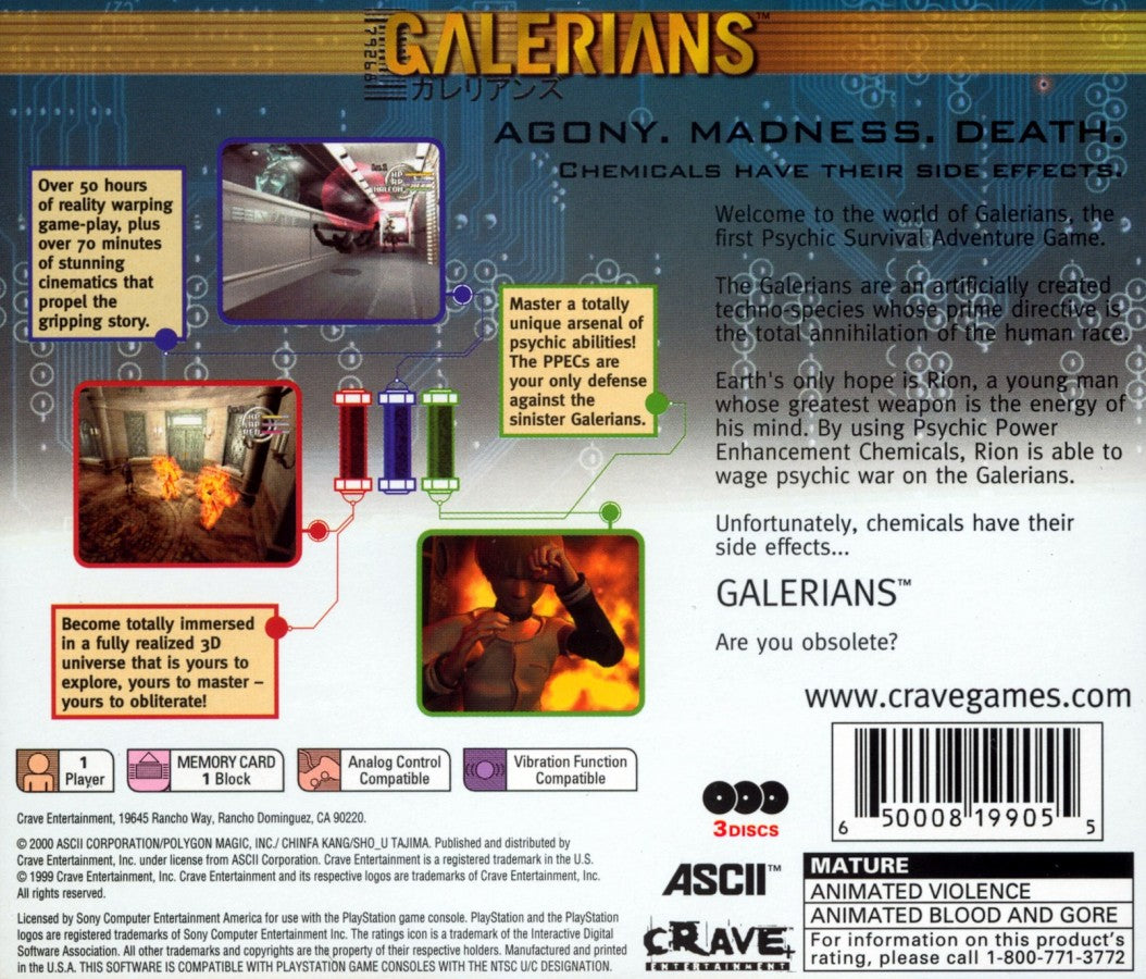 Galerians PlayStation PS1 for survival horror video game fans featuring psychological horror gameplay cinematic storytelling puzzle solving exploration psychic powers tense combat futuristic sci fi setting atmospheric adventure classic horror experience collectible gaming appeal back cover art