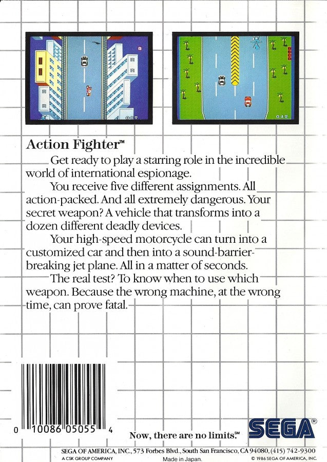 Action Fighter Sega Master System SMS for arcade action racing video game fans featuring high speed vehicle combat motorcycle and car gameplay enemy attacks weapon upgrades power ups challenging stages scrolling action and classic Sega Master System gameplay collectible retro gaming appeal back cover art