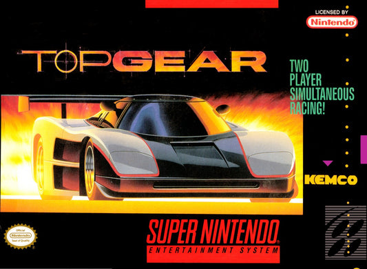 Top Gear cartridge for the Super Nintendo Entertainment System featuring 16 bit racing gameplay with fast paced arcade style cars multiple tracks and competitive time trial and multiplayer modes front cover