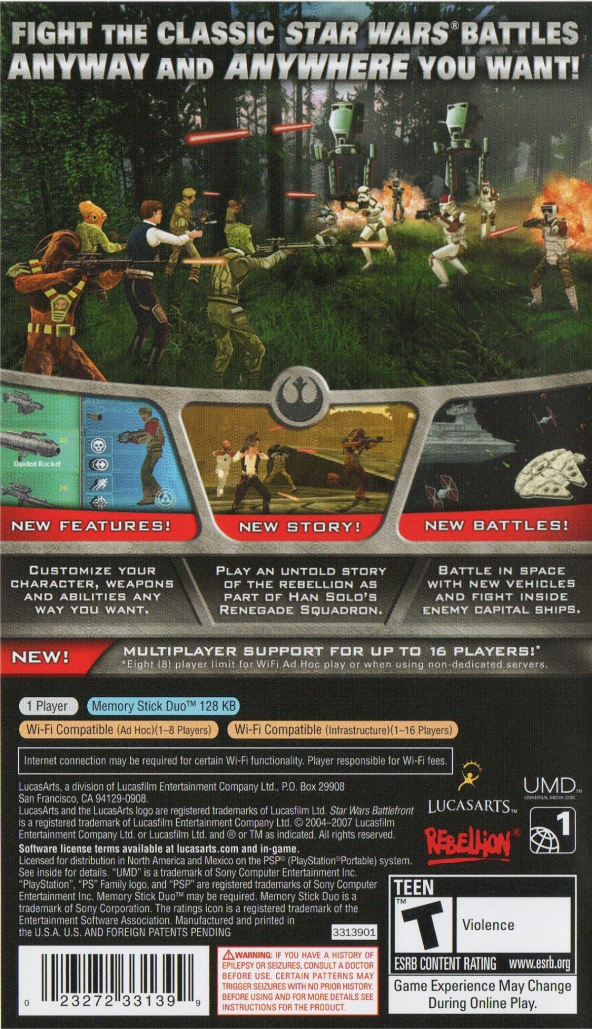 Star Wars Battlefront Renegade Squadron Greatest Hits for PlayStation Portable, back of case for a third-person shooter video game with large-scale battles, customizable characters, multiplayer gameplay, and sci-fi combat action
