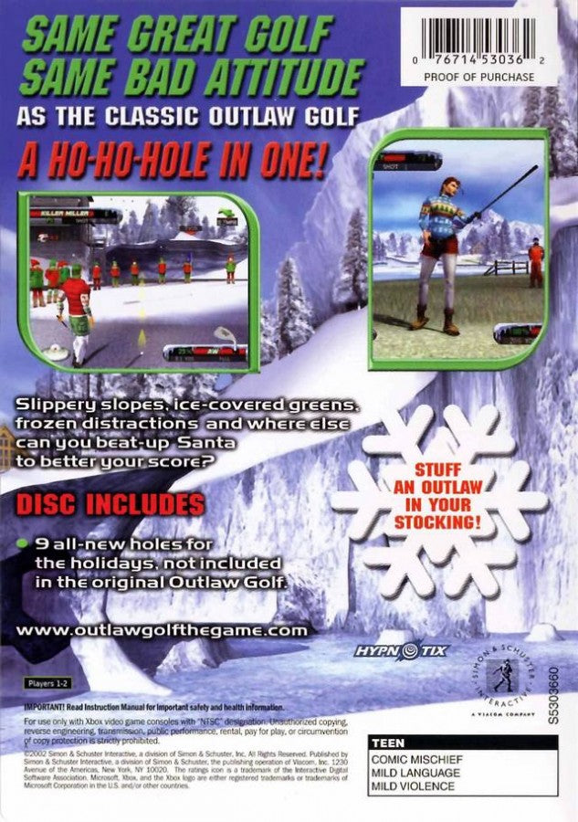 Outlaw Golf Holiday Golf for Xbox (Xbox), back of case, sports golf video game.