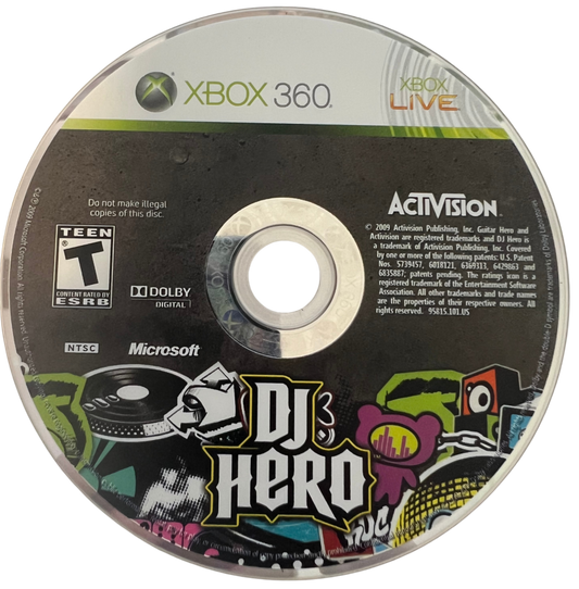 DJ Hero retro Xbox 360 video game featuring music rhythm gameplay, DJ mixing action, multiplayer party challenges and classic Xbox 360 entertainment - disc