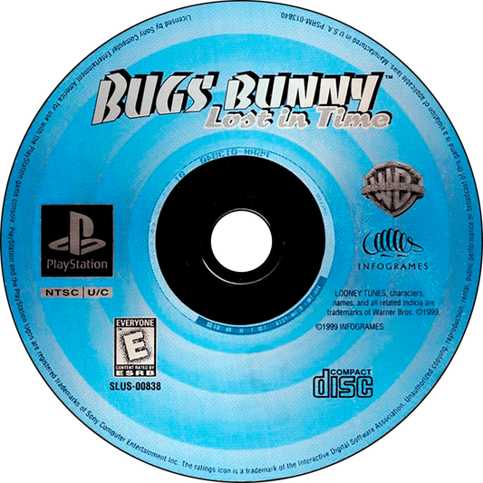 Bugs Bunny: Lost in Time game for the PlayStation featuring 3D platforming gameplay with time travel mechanics puzzle solving collectible items and cartoon themed levels as Bugs Bunny travels through different historical eras to return home disc