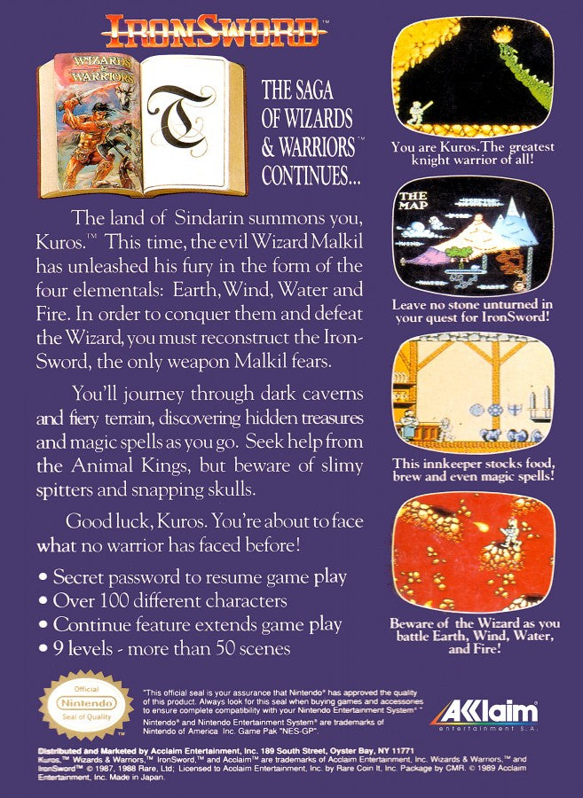Ironsword Wizards and Warriors II NES Nintendo Entertainment System action platformer fantasy adventure side scrolling gameplay sword combat enemies bosses Rare retro 8 bit gaming cartridge video game title back art