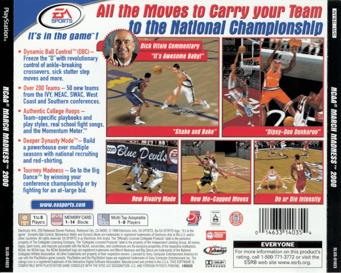 NCAA March Madness 2000 back of case for PlayStation 1 (PS1) retro basketball video game