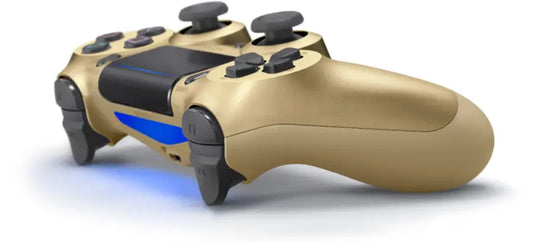 Gold Sony DualShock 4 wireless controller for PlayStation 4 featuring touchpad, light bar, and ergonomic design