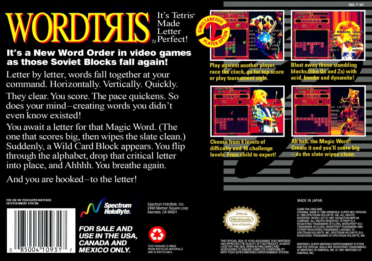 Wordtris for Super Nintendo Entertainment System with word-forming puzzle gameplay theme back cover