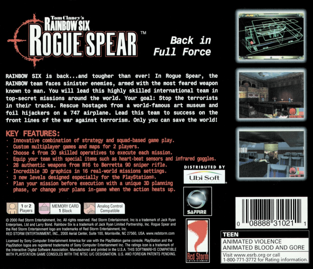 Tom Clancy's Rainbow Six: Rogue Spear back of case for PlayStation 1 (PS1) tactical shooter video game