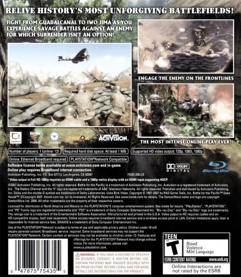 History Channel Battle For the Pacific back cover art for PlayStation 3 (PS3) video game