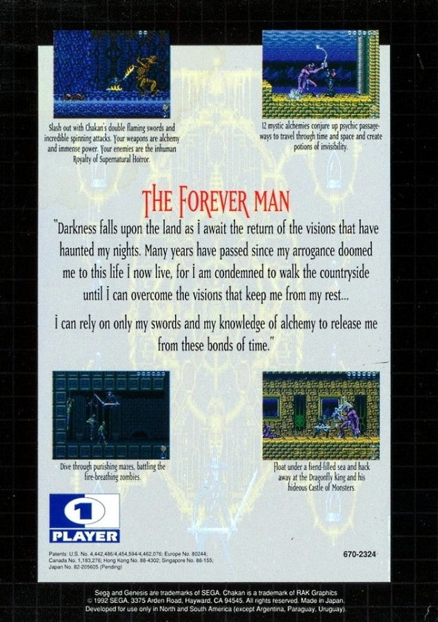 Chakan for Sega Genesis with dark fantasy action-platformer theme back cover