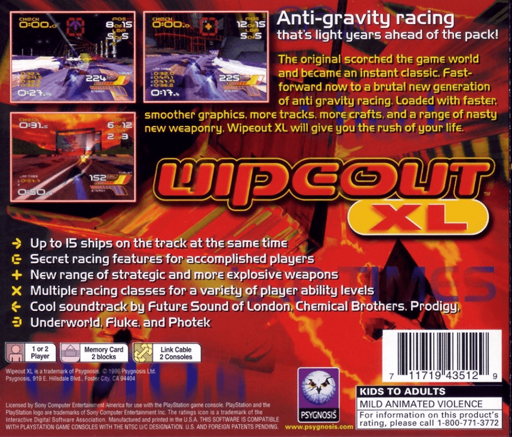 Wipeout XL PlayStation 1 PS1 video game featuring futuristic racing gameplay high speed anti gravity vehicles electronic music challenging race tracks weapon based combat and intense competitive racing action Sony PlayStation retro video game collection collectible back cover art