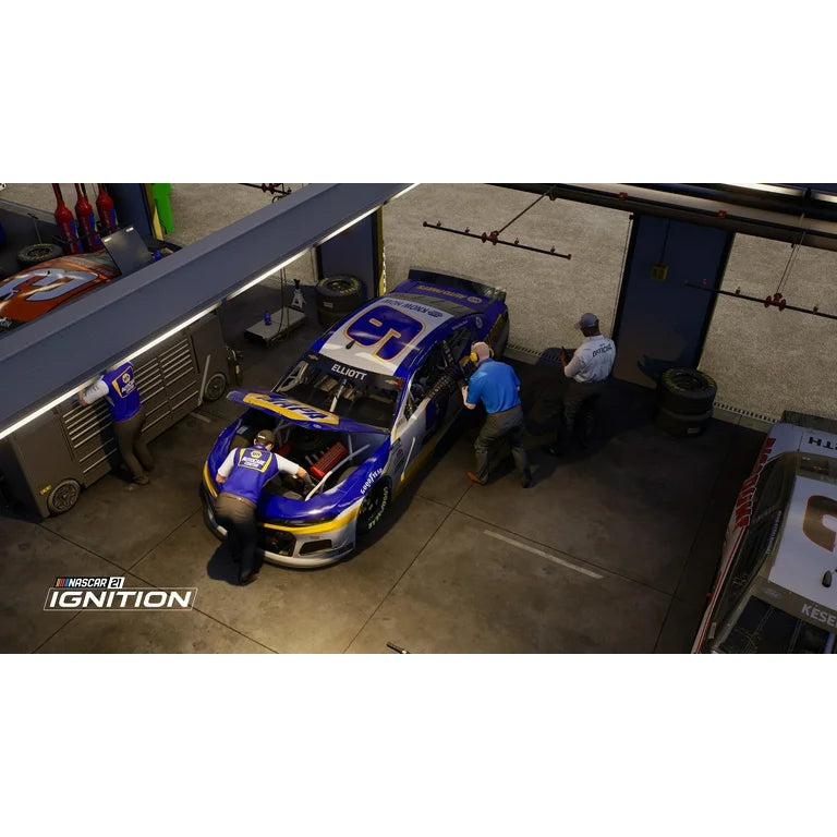 NASCAR 21 Ignition PlayStation 4 PS4 racing simulation video game Unreal Engine graphics rFactor 2 physics engine official 2021 NASCAR Cup Series license Chase Elliott Bubba Wallace Ryan Blaney cover drivers career mode paint booth customization online multiplayer up to 40 players authentic stock car racing experience gameplay