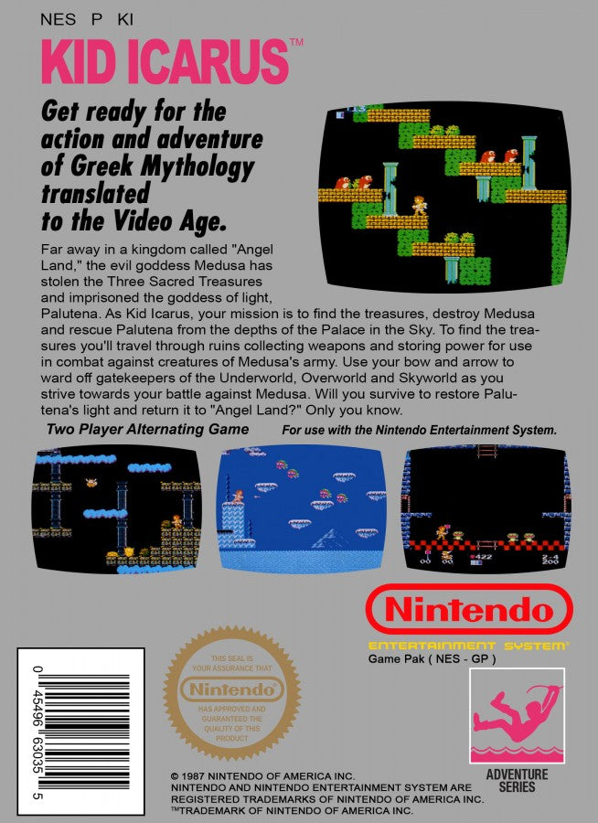 Kid Icarus cartridge for the Nintendo Entertainment System with five screw design featuring 8 bit side scrolling action platformer gameplay as Pit battles mythological enemies to rescue the goddess Palutena back cover