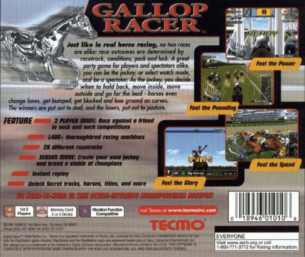 Gallop Racer back of case for PlayStation 1 (PS1) retro video game