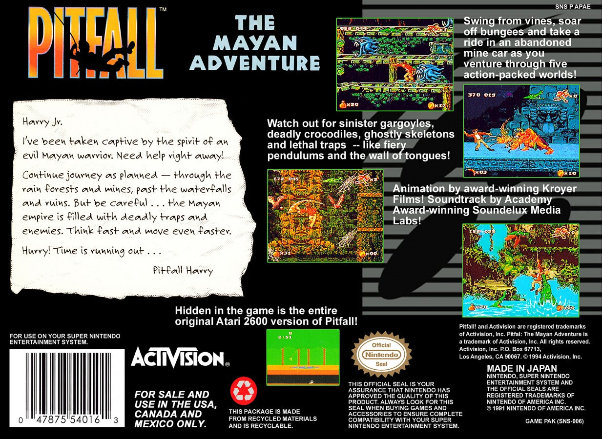Pitfall The Mayan Adventure retro SNES video game Pitfall jungle platform adventure action gameplay treasure hunting side scrolling classic platformer console title Super Nintendo release back of case