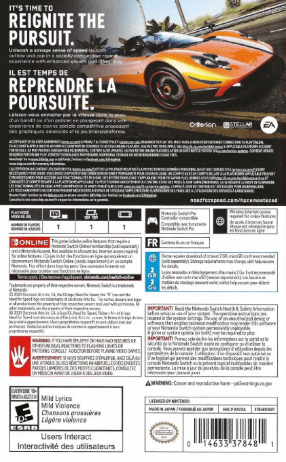 Need for Speed Hot Pursuit Remastered Nintendo Switch NS video game featuring high speed racing gameplay exotic sports cars police pursuits intense driving action road races vehicle customization competitive racing events and classic Need for Speed gameplay Nintendo Switch gaming video game collection back cover art