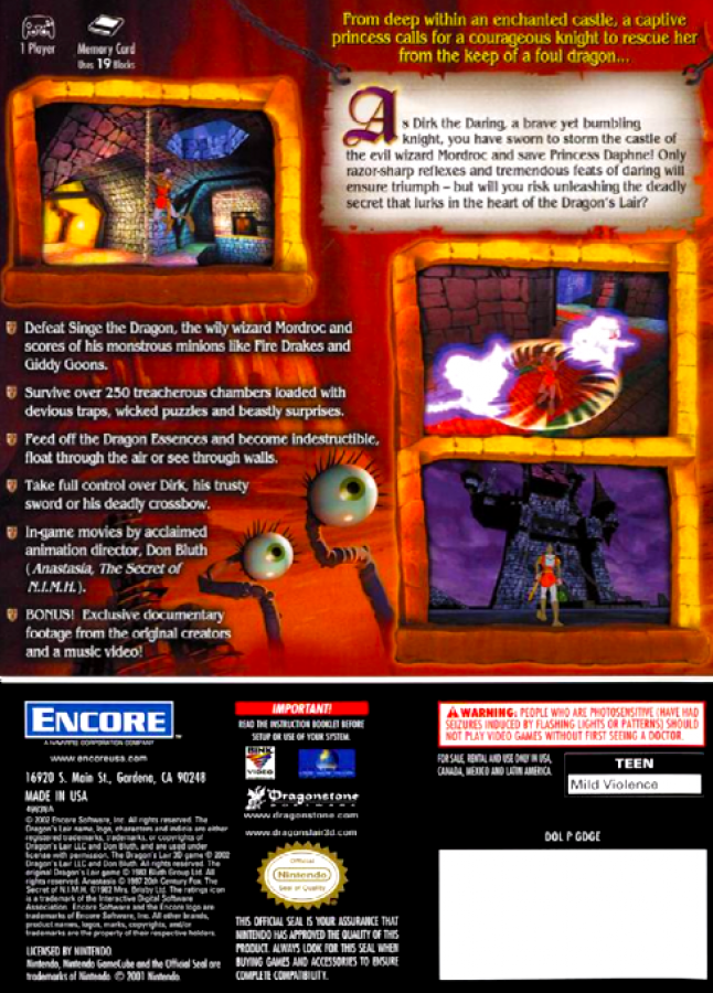 Dragon's Lair 3D: Return to the Lair back of case for GameCube (GC) action-adventure video game