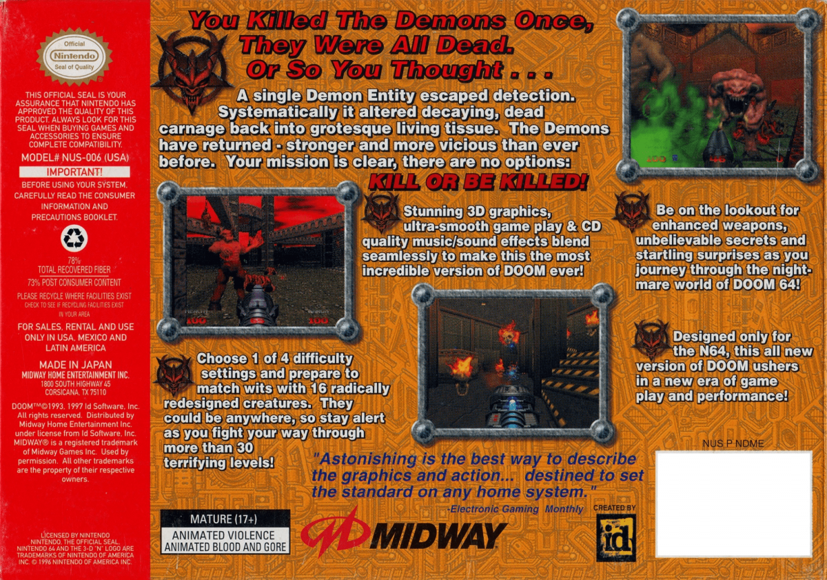 Doom 64 back cover art for Nintendo 64 (N64) video game