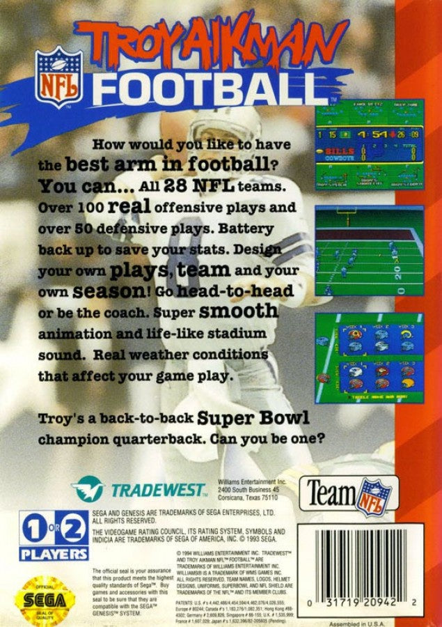 Troy Aikman NFL Football back cover art for Sega Genesis (GEN) video game