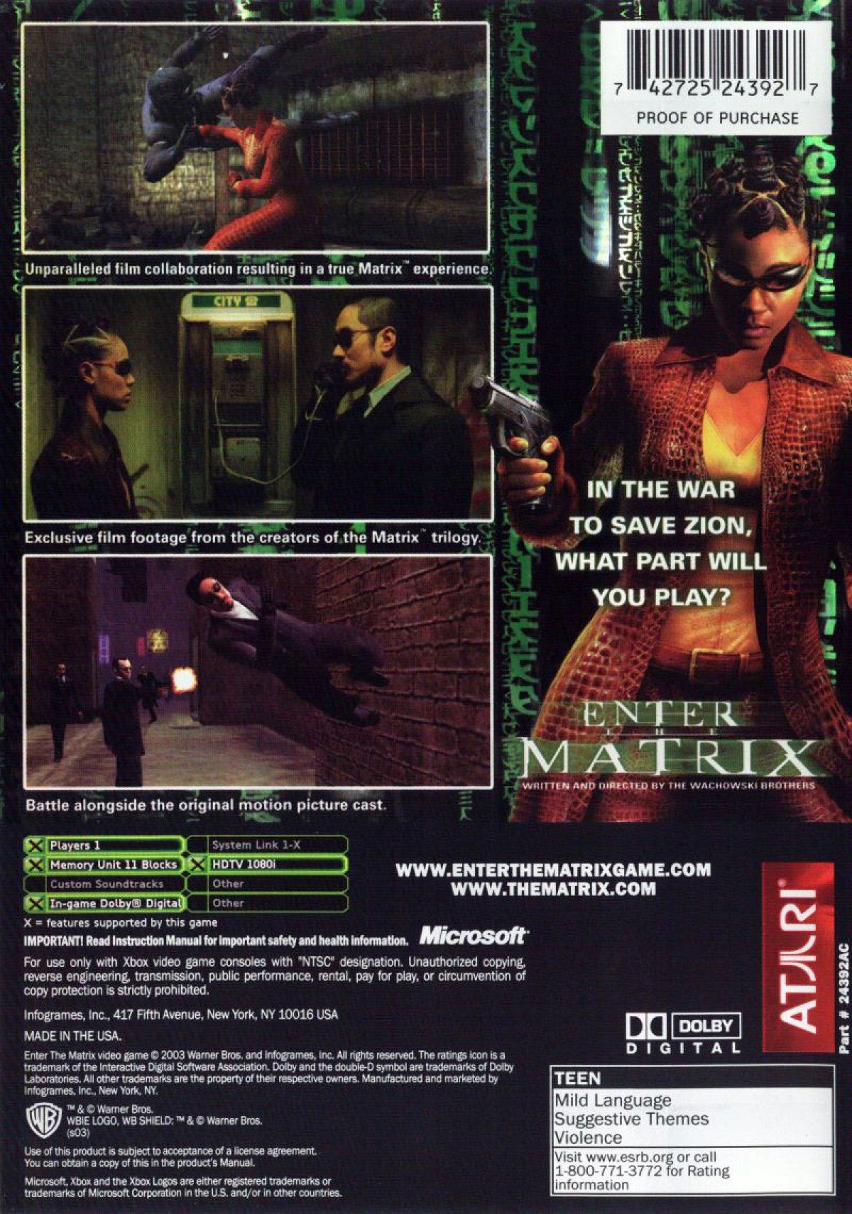 Enter the Matrix Xbox video game, action adventure, third-person shooter, sci-fi gameplay, movie tie-in, classic console title back cover
