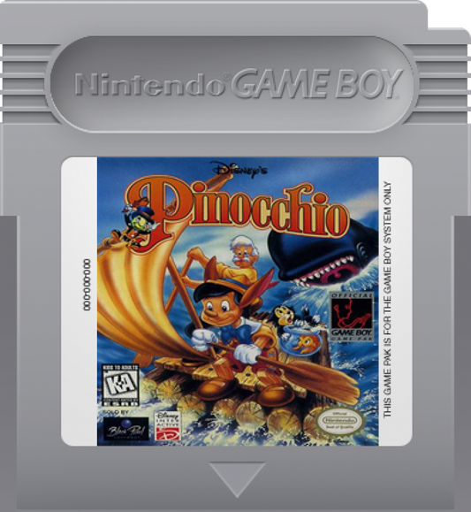Pinocchio Game Boy GB for retro video game enthusiasts featuring side scrolling action platforming gameplay Disney inspired adventure colorful levels enemy encounters classic fairy tale journey family friendly handheld gaming and collectible gaming appeal cartridge