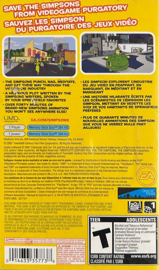 The Simpsons Game PlayStation Portable PSP inspired design featuring comedic action platform adventure aesthetic cel shaded Springfield inspired environments parody driven storytelling playable Simpson family characters humorous side scrolling gameplay and animated cartoon presentation back cover