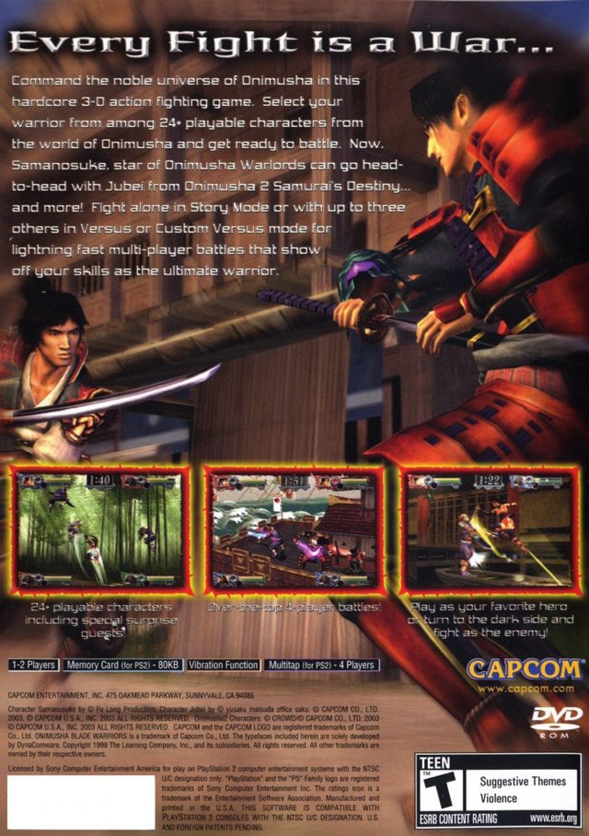 Onimusha: Blade Warriors – PlayStation 2 (PS2) video game back of case, 3D fighting action game.