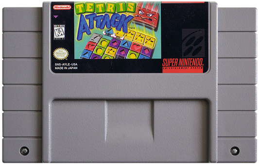 Tetris Attack Super Nintendo SNES puzzle game tile matching panel de pon style gameplay fast paced competitive versus mode Yoshi Nintendo classic retro 16 bit gaming Super Nintendo Entertainment System software video game title cartridge