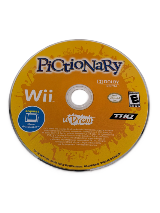 uDraw w/Pictionary disc art for Nintendo Wii (Wii) featuring party drawing challenges with the uDraw GameTablet, guessing words and creating quick sketches.