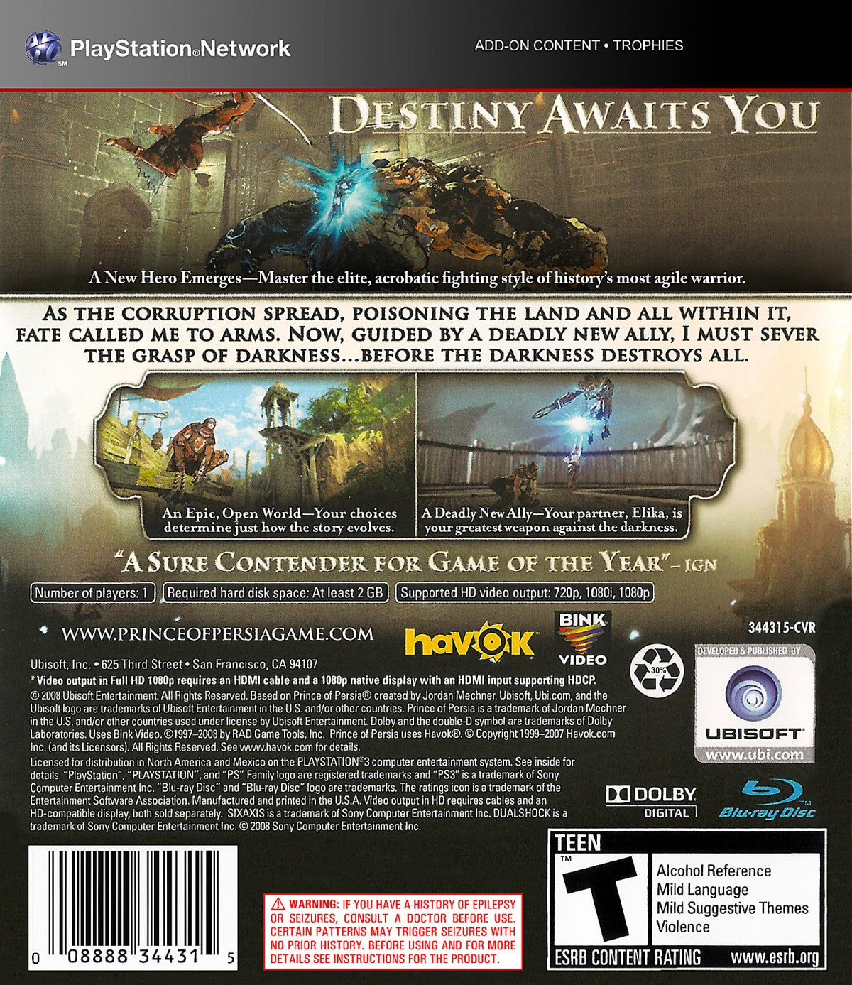 Prince of Persia PlayStation 3 PS3 action adventure video game featuring acrobatic platforming sword combat wall running time manipulation dangerous enemies mysterious environments puzzles exploration and classic PlayStation 3 PS3 gameplay collectible gaming appeal back cover art