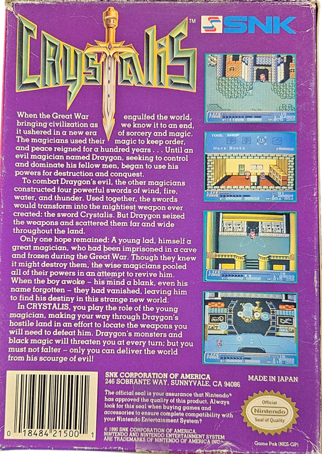 Crystalis Complete in Box CIB Nintendo Entertainment System NES for retro video game enthusiasts featuring classic action role playing gameplay fantasy adventure real time sword combat expansive world exploration character progression complete in box collectible gaming appeal box back