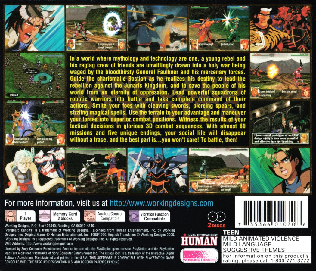 Vanguard Bandits PS1 tactical RPG strategy role playing game giant mech combat turn based battles anime fantasy storyline multiple endings Working Designs localization grid based warfare retro gaming PlayStation software video game title back cover art